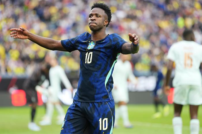 Vinicius Junior of Brazil gestures during the international friendly match between Brazil and France at Gillette Stadium
