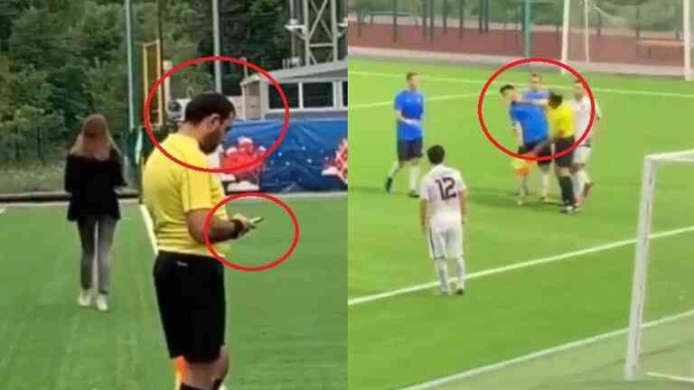 شاهد بالفيديو ..حكم يضرب لاعباً ويستخدم هاتفه خلال المباراة